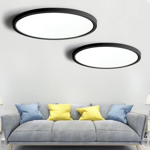 2-Pack LED Flush Mount Ceiling Light, 3000K Warm White Bathroom Light, 3200LM, Flat Modern Round Lighting, 12in/30cm 240W Equivalent Black Ceiling Lamp for Kitchens, Bedrooms, Hallway.etc