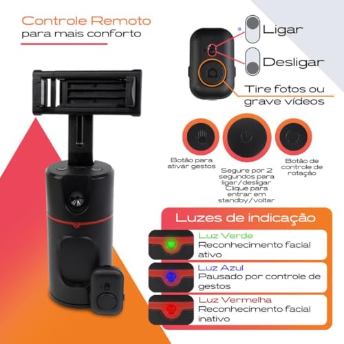 Suporte Telefone com Rastreamento Automático Rosto, Sem Necessidade Aplicativo, Rotação de 360°, Tri