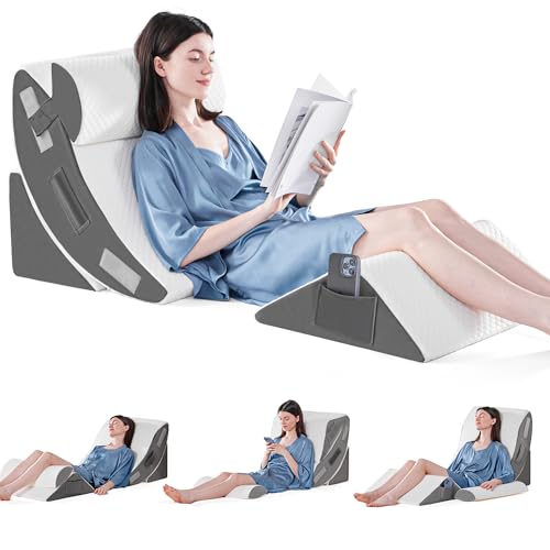 4PCS Orthopädische Bett Keil Kissen Set zum Schlafen, Post-Chirurgie Schaum Kissen für Körper, Rücken und Beine Schmerzlinderung, Dreieck verstellbare Stützkissen mit Säure Reflux Schlafkissen Grau