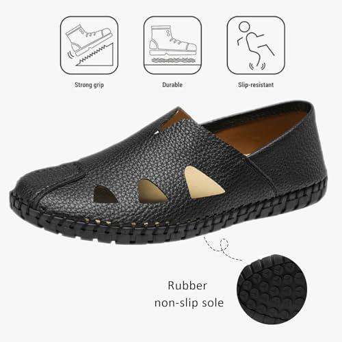 Men's Hand-Sewn Soft Leather Hollow Loafers Comfort Round Toe Lightweight Non-Slip Slip-On Flats Summer Beach Walking Driving Casual Shoes4