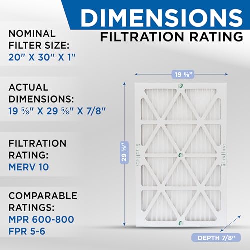 Glasfloss ZL 20x30x1 MERV 10 Air Filters for AC and Furnace. 4 PACK. Actual Size: 19-5/8 x 29-5/8 x 7/8