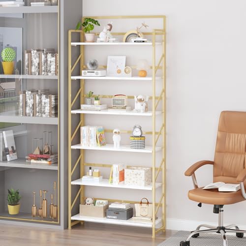 Image of JSB 6 Tier No Assembly Folding Bookshelf, 30.3 inch Wide Foldable Storage Bookcase for Home Office, Space-Saving Storage Shelf for Living Room (White&Gold)