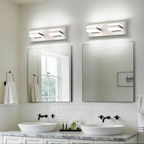 Image of SOLFART 2 Light Brushed Nickel Vanity Lights for Bathroom Over Mirror, Modern LED Lighting Fixture, 14 Inch Cool Light