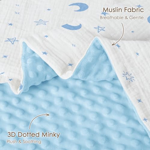 Image of Star Moon Baby Blankets for Boys Girls, Soft Nursery Minky Blankets with Muslin and Dotted Fleece Back 30x40 inches, Receiving Bed Quilt for Newborn, Infants, Toddlers