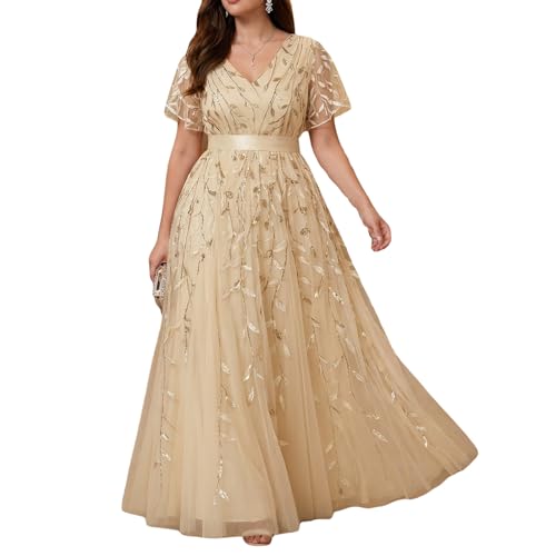 Women's Sequin Embroidery V-Neck Long Formal Evening Prom Dress Wedding Gown (US, Numeric, 14, Regular, Regular, Golden)