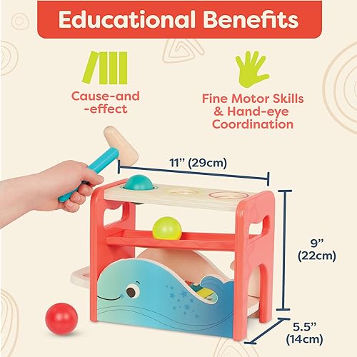 Image of B. toys Xylo-Pound Whale Pounding Bench with Xylophone, Hammer Toy | 2-in-1 wooden pounding bench with removable xylophone, 1 wooden hammer, and 3 balls for music and color matching, 1+ Years