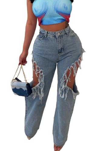 Vaceky Destroyed Ripped Jeans Women Stretch Straight Leg Denim Pants Streetwear