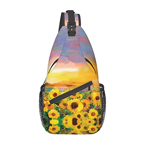 Sac à bandoulière imprimé champ de tournesol pour voyage et course à pied noir