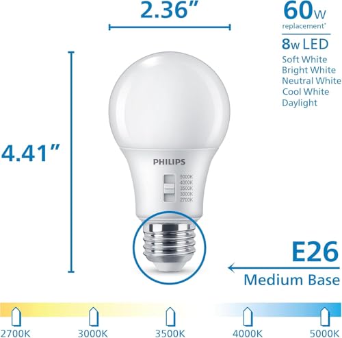 Image of PHILIPS LED A19 Light Bulbs, 8W, Selectable White, Dimmable, 12-Pack | 800 Lumen Multi-CCT 2700 K-5000 K, Frosted Flicker-Free, EyeComfort, Up to 15000 Hour Lifespan