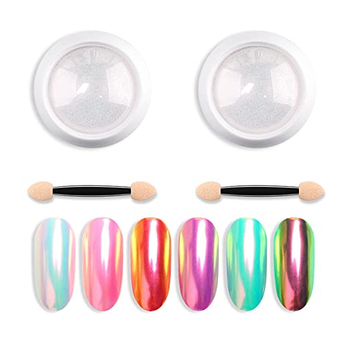 Lot de 2 boîtes de poudre chromée sirène pour manucure - Pigment néon irisé chromé - Poudre à ongles miroir - Pigment chromé - Décoration d'ongles avec brosses éponge à ongles Cover