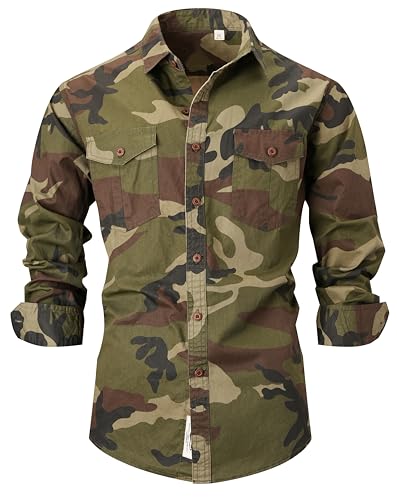 PAODIKUAI Men Camouflage Denim Shirt Camo Washed Military Long Sleeve Shirts Casual Button Down Shirts
