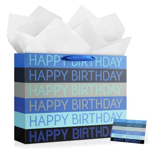 Image of JMANNI Large Happy Birthday Gift Bag with Tissue Papers and Greeting Card,Portable Paper Gift Bags with Handles,Blue Present Bags for Women Men Birthday Party Supplies13 x10.2 inchx4.7 inch(Blue Stripes)