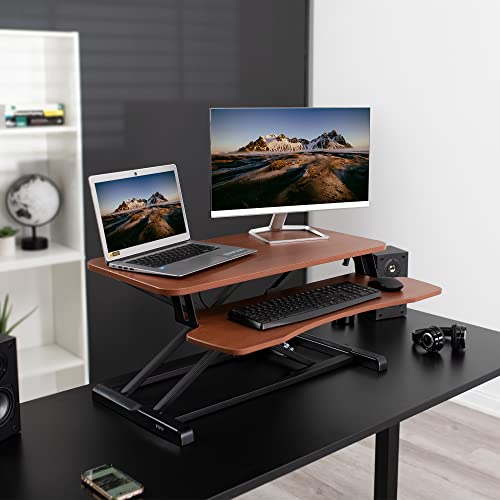 Image of VIVO 32 inch Desk Converter, K Series, Height Adjustable Sit to Stand Riser, Dual Monitor and Laptop Workstation with Wide Keyboard Tray, Dark Walnut Top, Black Frame, DESK-V000KA