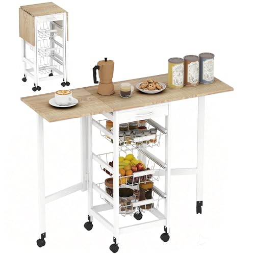 Homcom Carrito De Cocina Con Alas Plegable, Carrito Auxiliar Con Ruedas, Verdulero Con Cajón Y 3 Cesta De Metal, 97,2x37x77,5 Cm, Blanco Y Roble Homcom Carrito De Cocina Con Alas Plegable, Carrito Auxiliar Con Ruedas, Verdulero Con Cajón Y 3 Cesta De Metal, 97,2x37x77,5 Cm, Blanco Y Roble