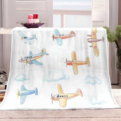 Kuscheldecke Flauschig 100x150 cm Weiche Warme Decke Cartoon-Aquarell-Flugzeug Microfaser Tagesdecke Fleecedecke als Decke Sofa, Wohndecke oder Couchdecke überwurf