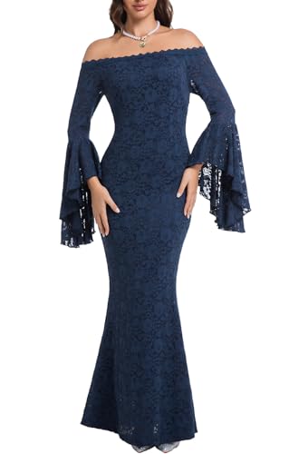 Image of HOYISHION Women's Off The Shoulder Floral Lace Maxi Dress White Bridesmaid Wedding Party Maternity Photoshoot Long Dresses