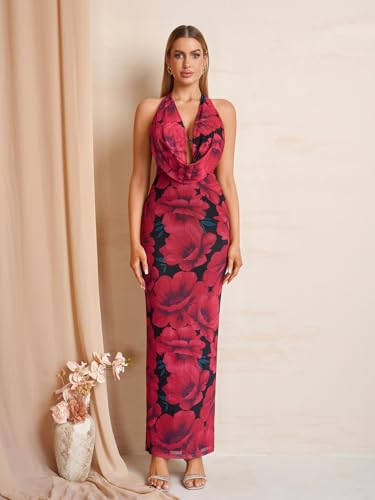 Image of KUTUMAI Women V Neck Long Formal Dress Floral Bodycon Maxi Split Back Dresses Sexy Sequin Evening Cocktail Party Gown