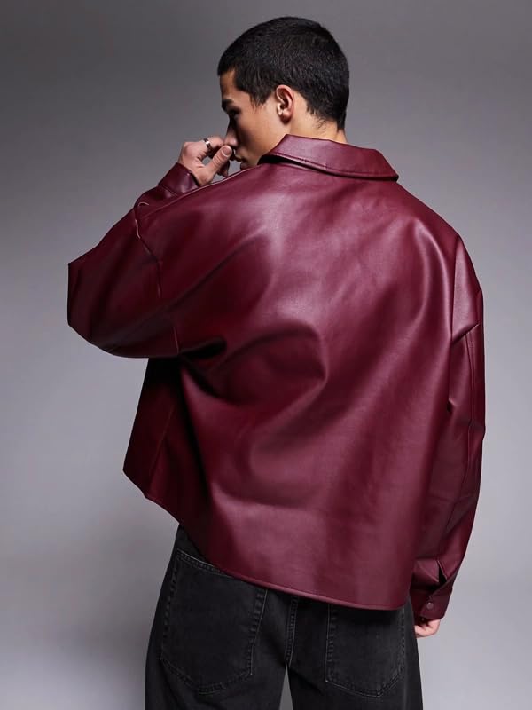 Image of EXOTIX Burgundy Leather Crop Jacket for Men | Collared Zip-Up Classic Style | Crop Fit Racing Sports Bomber Jacket for Casual Wear