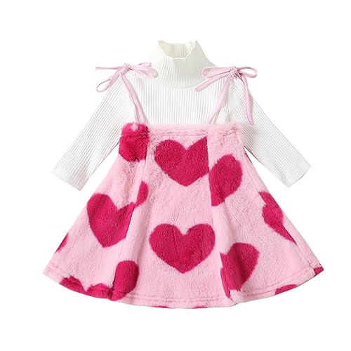 Baby Girl Valentines Day Outfit Toddler Girls Valentine Dress Ribbed Shirts Heart Print Fuzzy Skirts Clothes Set (Fuzzy Heart Print Pink, 4-5T)