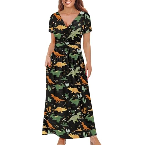 Image of Women's Fall Summer Short Sleeve Ankle Length V-Neck Party Dress with Pockets Size S-3XL