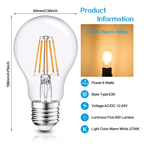 Haian 12V Led Bulb 6W 600Lm E26/E27 Standard Base 60W Equivalent 12 Volt Low Voltage Lights Ac/Dc 12-24V A19 Lamp,Warm White 2700K,Off Grid Solar Battery System Lighting,Rv,Marine Led Lights,4 Pack #TOP2