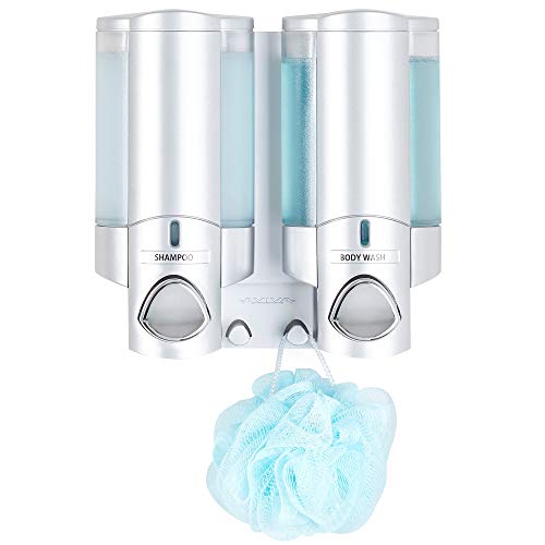 Better Living Aviva Shower Dispenser 2 Chamber, Wall Mount Shower Soap Dispenser for Bathroom Hotel Body Wash, Built-in Hooks, No Drill, Waterproof Shampoo Soap Dispenser, 2 x 11 oz, Satin Silver by Better Living - Image 3