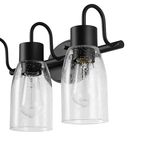 Image of Globe Electric 63000205 5-Piece All-in-One Bathroom Accessory Set with 19 inch 3-Light Vanity Light, Matte Black, Seeded Glass Shades, Towel Bar, Robe Hook, Toilet Paper Holder, Towel Ring, Powder Room