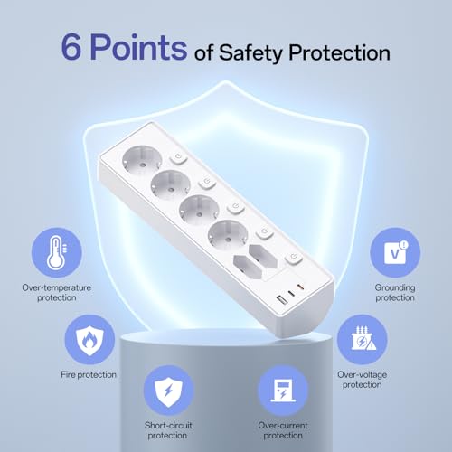 6 Fach Steckdosenleiste mit 3 USB PD 30W, Kemelo Mehrfachsteckdose mit Schalter, 9 in 1 Tischsteckdose Überspannungsschutz Schreibtisch Zubehör, 2m Verlängerungskabel Schreibtisch Steckdose,Weiß 5