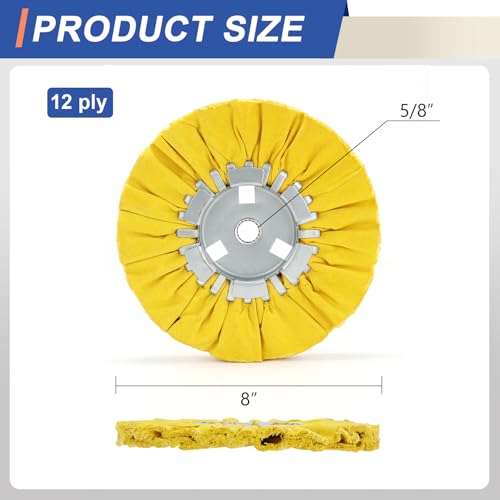 Image of 8 inch Airway Buffing Wheel for Angle Grinder, 5 /8 inch Arbor Hole, 12-Ply Hard Cotton Polishing Wheel for Aluminum, Stainless Steel, Brass & Copper, Yellow, 1 Pcs