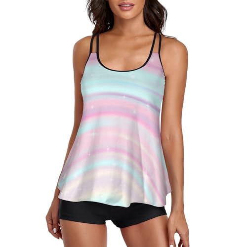 Tankini Rose Pailleté Femme Anti Frottement avec Robe et Short de Bain