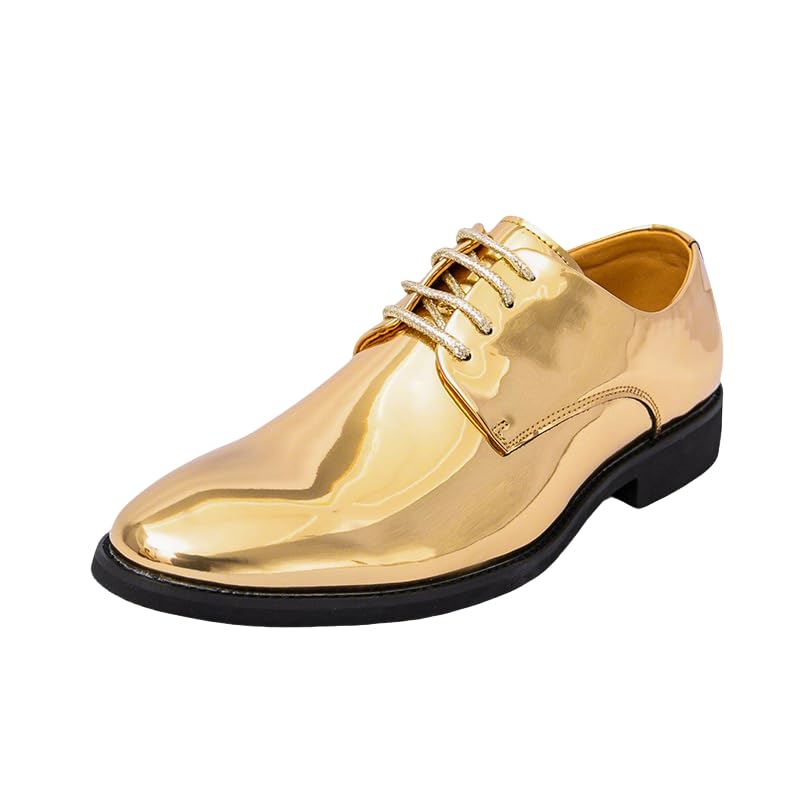 Santimon Mens Metallic Dress Shoes Lace Up - High Gloss Mirror Finish Oxford Shoes for Wedding Party Stage Performance & Formal Events Gold 12 US