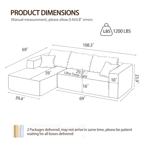 108" Modular Sectional Sofa,L-Shaped Cloud Couch with Deep Seats & Chaise,Convertible 4-in-1 Corduroy Boneless Couches for Living Room,Bedroom,No-Assembly,Green(Left Facing Chaise) — view 2