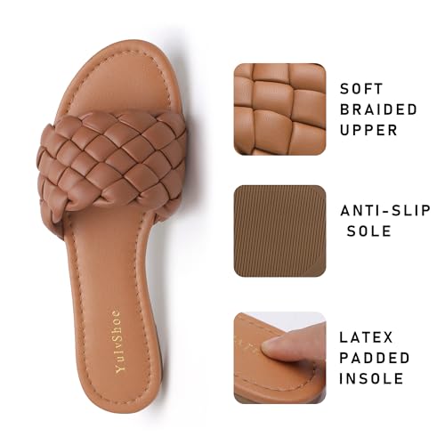 YULVSHOE Women's Braided Flat Sandals Fashion Woven Open Toe Slip On Slides Strappy Beach Sandals Slippers For Summer3