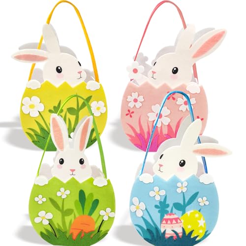 PeakPeek 4er Set Osterkörbchen Kinder aus Filz, Osternester zum Befüllen, Faltbarer Osterkorb mit Hase, Osterkörbe mit Henkel für Kinder, Ostereiersuche & Osterdekoration