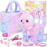 NINAOR Plush Interactive Cat Toys for Kids with Tote Bags, Stuffed Robot Pet Kitten with Leash Walking Meow Pretend Play, Realistic Cute Stuff Fidget Toys for Toddler Stocking Stuffers Birthday Gifts