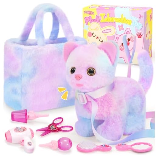 NINAOR Plush Interactive Cat Toys for Kids with Tote Bags, Stuffed Robot Pet Kitten with Leash Walking Meow Pretend Play, Realistic Cute Stuff Fidget Toys for Toddler Stocking Stuffers Birthday Gifts