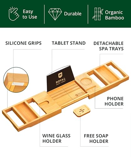 ROYAL CRAFT WOOD Bathtub Tray Caddy for Tub, Bamboo Bath Shelf, Premium Foldable Wood Bath Table, Expandable Bathtub & Bathroom Accessories, New Home Gifts for Mom, Housewarming, Anniversary, Wedding