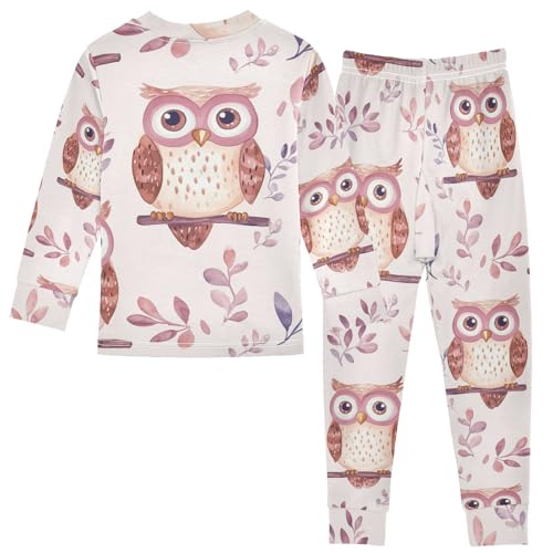 Fustylead Cute Watercolor Owl and Leaves Pajamas Cotton Sleepover PJ Set Long Sleeve Lounge Wear2