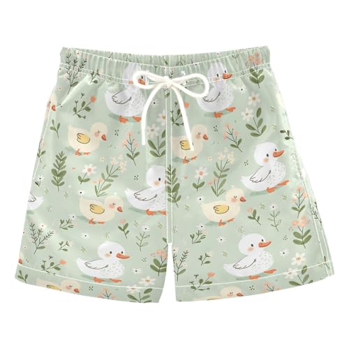 ALAZA Cartoon Duck Green Leaves Flower Boys' Swim Trunks Beach Shorts Quick Dry Swimsuit 4T