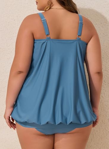 Aleumdr Plus Size Tankini Swimsuit for Women 2 Piece Tummy Control Bathing Suit Blouson Flowy Swim Dress with Bottom3