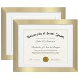 Americanflat 11x14 Diploma Frame with Shatter-Resistant Glass - Set of 2 - Use as 8.5x11 Frame with Mat or Display 11x14 Documents Without Mat - Certificate Frames with Engineered Wood for Wall - Gold