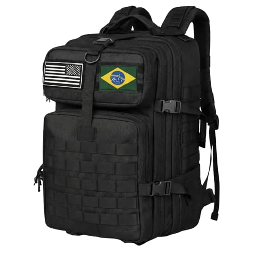Mochila Tecnica 50L, com Patches de Bandeiras, Sistema Modular de Fixação (MOLLE), para Camping, Impermeável e Resistente para Atividades ao Ar Livre