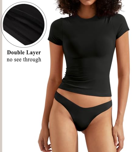 OMKAGI Double Lined Slim Fit T Shirts for Women Short Sleeve Crew Neck Crop Top4