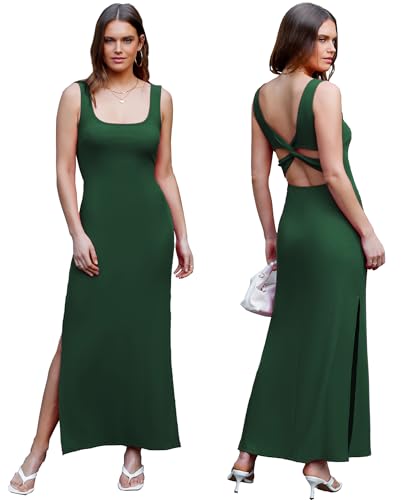Image of Women Backless Bodycon Maxi Dress High Side Slit Twist Back Tank Dress | Criss Cross Twist Back Clubwear Scoop Neck Evening Party Dress Casual Vacation Beach Sundress Sleeveless Slit Prom Gown