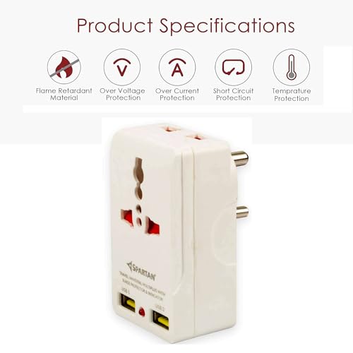 Image of Spartan 3 Pin All Multiplug Charger /Travel Adapter, 10A Power Sockets / 2Pin & 3Pin Socket Adapter with Dual USB Charging Port (White, Pack of 1)