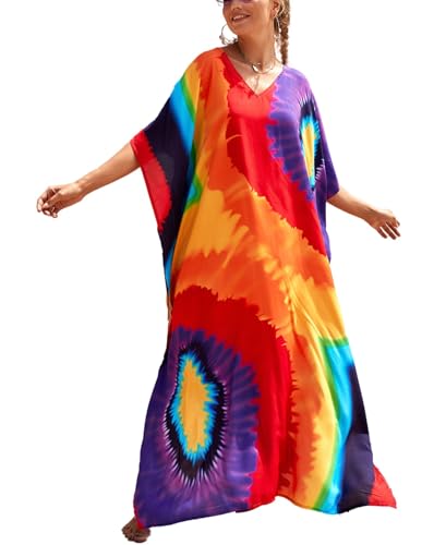 Lziizl Vestidos caftán para mujer, talla grande, para cubrir el traje de baño, manga murciélago, caftán, maxi vestido de playa, 1 colorido., Talla única