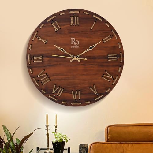 Image of Wooden Round Shape Roman Dial Wall Clock with Golden Hands & Golden Jute Rope Detailing | Silent Quartz Movement Anti Reflection Analog Vintage Clock for Office & Home (Brown, 15.5 Inch)
