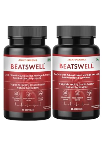 Image of Jagat Pharma Beatswell - Heart Health Supplement with Arjuna, CoQ10, Moringa & Lycopene | 60 Capsules | WHO-GMP Certified | Lab Tested | Natural Cardio Support (Pack of 2)