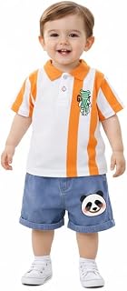 KidsGlow Boys Polo Collar Striped T-Shirt with Denim Shorts Set | Soft Cotton Fabric | Cute Panda Patch | Summer Outfit fo... Price In India
