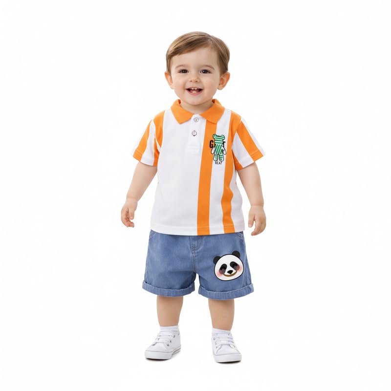 KidsGlow Boys Polo Collar Striped T-Shirt with Denim Shorts Set | Soft Cotton Fabric | Cute Panda Patch | Summer Outfit fo... - Review, Price and Buying Guide